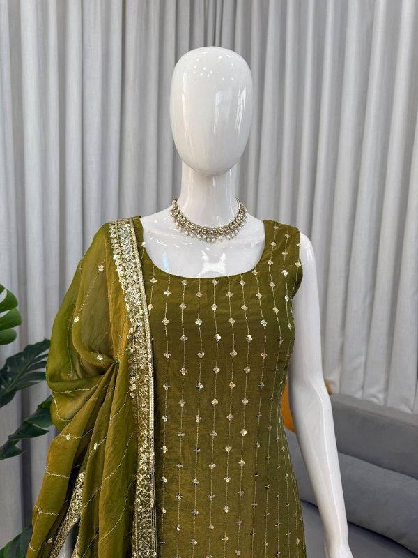 Premium Heavy Fendy Silk Top, Pant & Dupatta Set – Thread & Sequins Embroidery Work