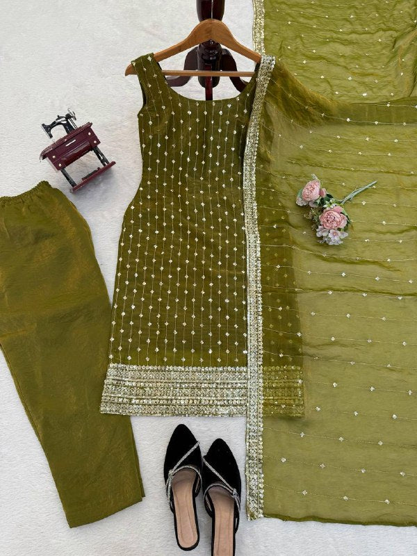 Premium Heavy Fendy Silk Top, Pant & Dupatta Set – Thread & Sequins Embroidery Work