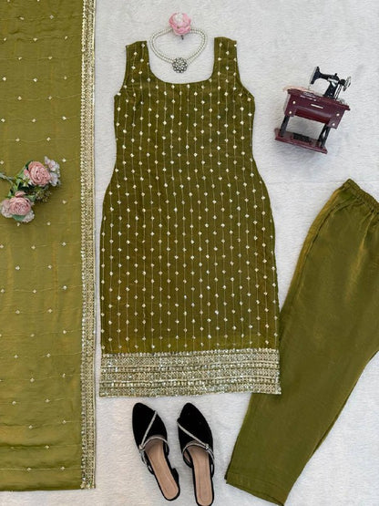 Premium Heavy Fendy Silk Top, Pant & Dupatta Set – Thread & Sequins Embroidery Work