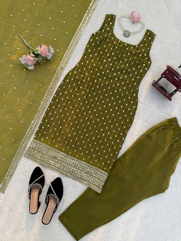 Premium Heavy Fendy Silk Top, Pant & Dupatta Set – Thread & Sequins Embroidery Work