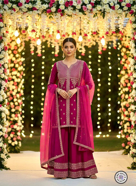 Premium Chanderi Silk Top, Bottom & Net Dupatta Set – Embroidery Work