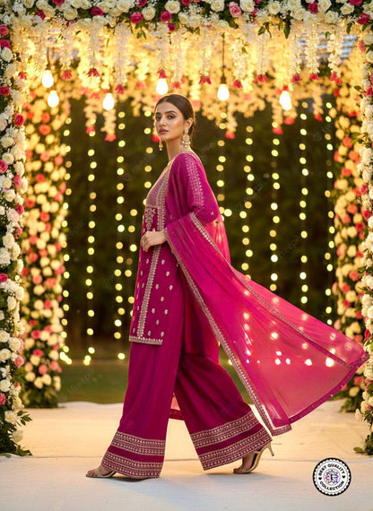 Premium Chanderi Silk Top, Bottom & Net Dupatta Set – Embroidery Work