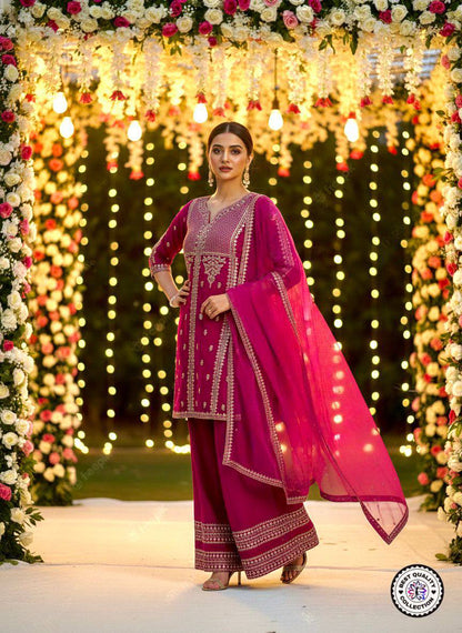 Premium Chanderi Silk Top, Bottom & Net Dupatta Set – Embroidery Work