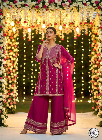 Premium Chanderi Silk Top, Bottom & Net Dupatta Set – Embroidery Work