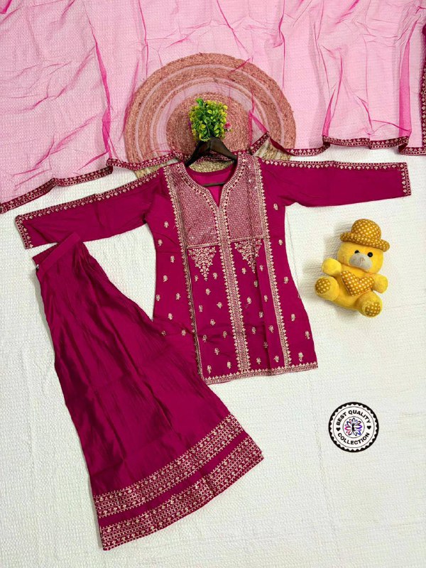 Premium Chanderi Silk Top, Bottom & Net Dupatta Set – Embroidery Work