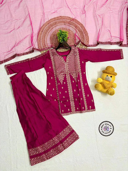 Premium Chanderi Silk Top, Bottom & Net Dupatta Set – Embroidery Work