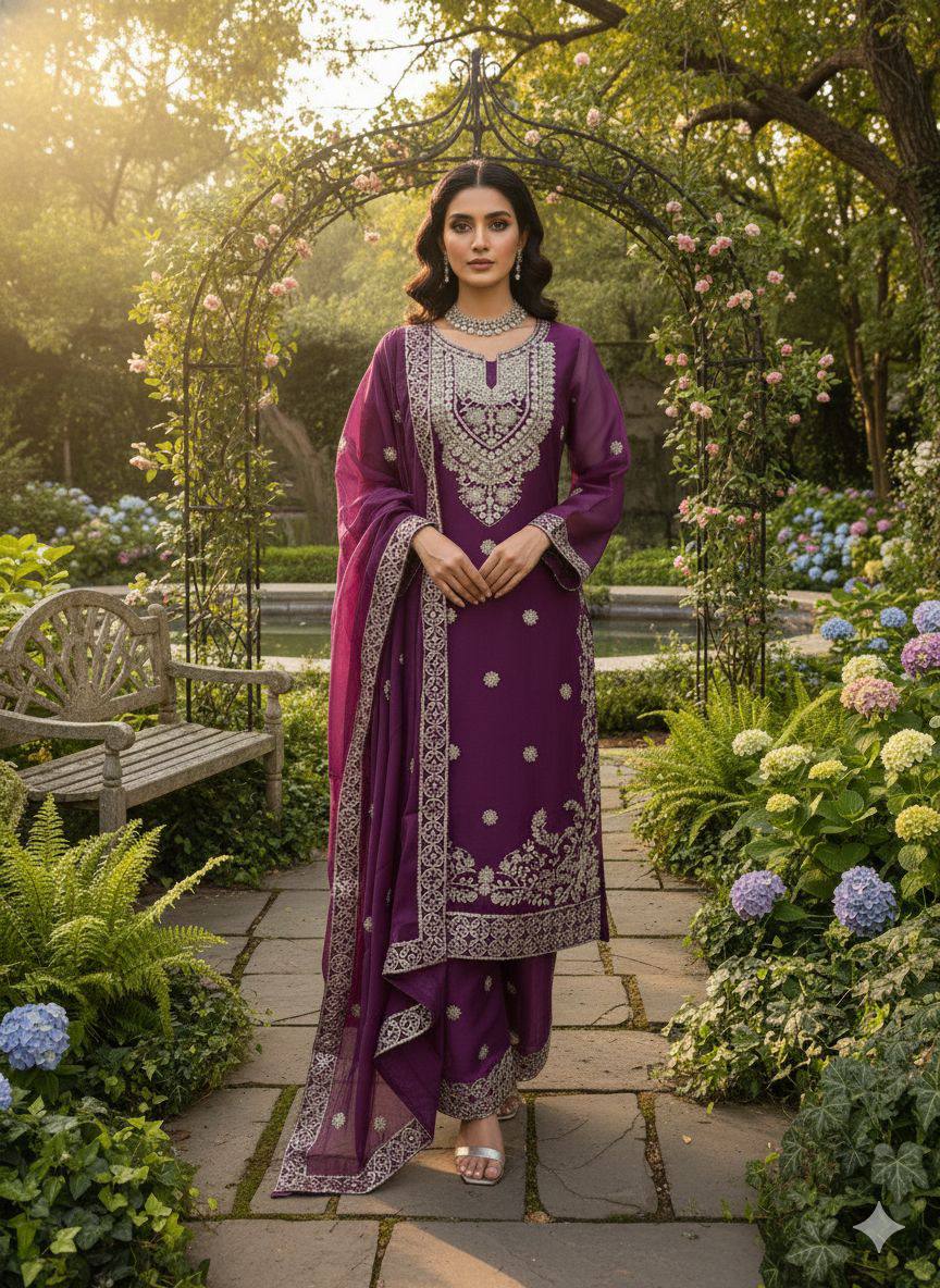 Premium JMC Silk Top, Plazzo & Dupatta Set