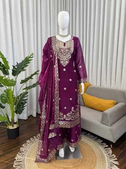 Premium JMC Silk Top, Plazzo & Dupatta Set