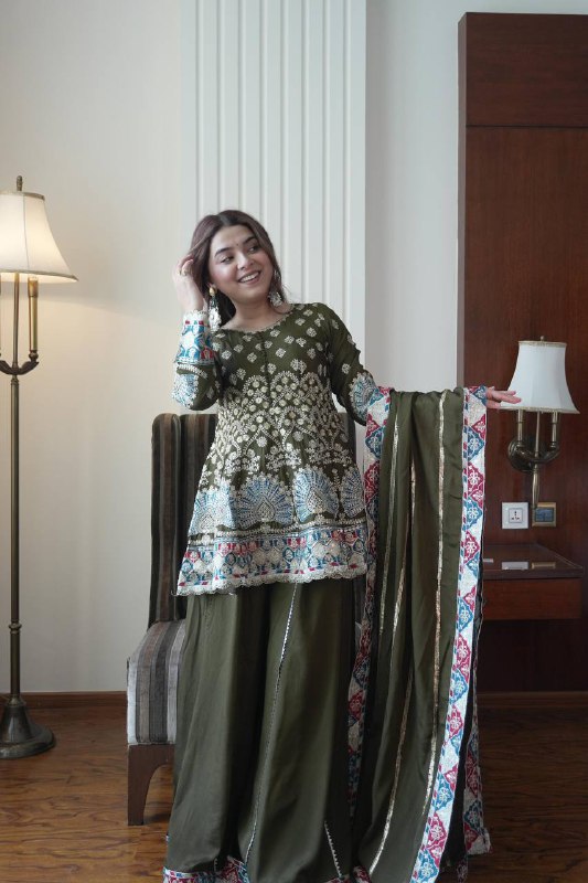 Premium Chinon Silk Top, Kali Plazzo & Dupatta Set