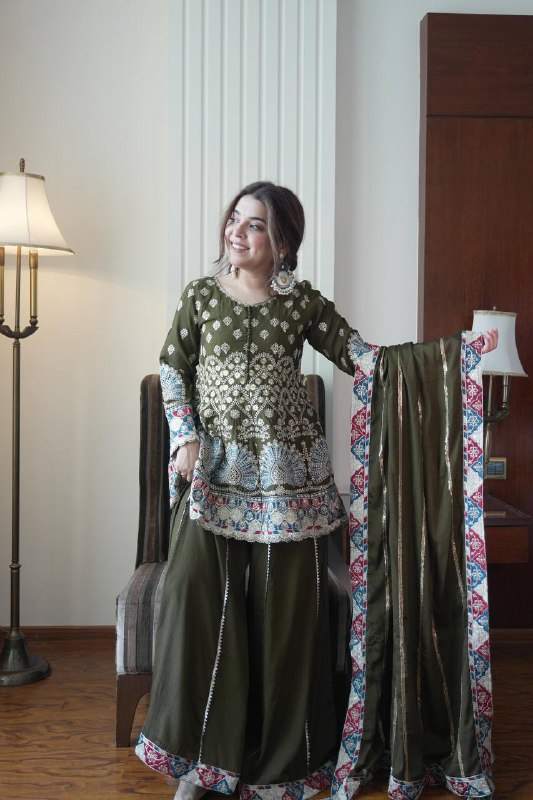 Premium Chinon Silk Top, Kali Plazzo & Dupatta Set