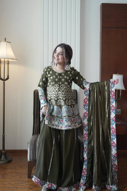 Premium Chinon Silk Top, Kali Plazzo & Dupatta Set