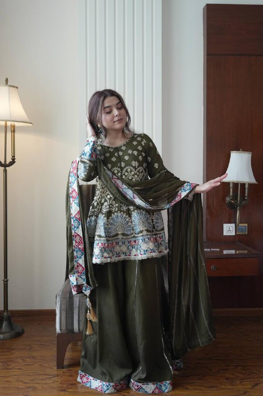 Premium Chinon Silk Top, Kali Plazzo & Dupatta Set