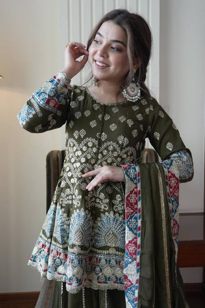 Premium Chinon Silk Top, Kali Plazzo & Dupatta Set