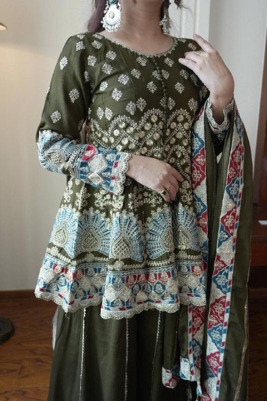 Premium Chinon Silk Top, Kali Plazzo & Dupatta Set