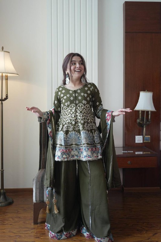 Premium Chinon Silk Top, Kali Plazzo & Dupatta Set