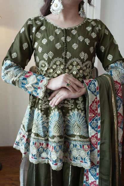 Premium Chinon Silk Top, Kali Plazzo & Dupatta Set