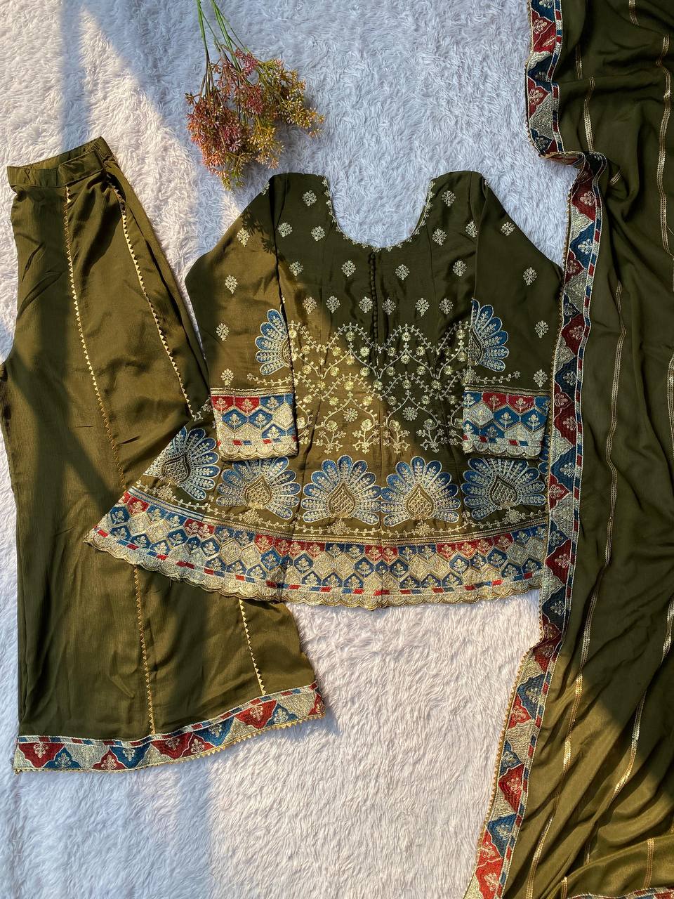 Premium Chinon Silk Top, Kali Plazzo & Dupatta Set