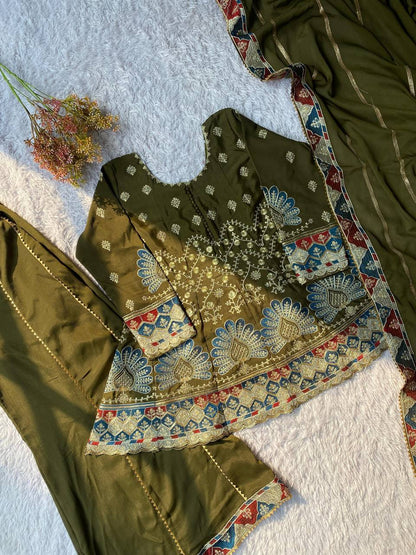 Premium Chinon Silk Top, Kali Plazzo & Dupatta Set