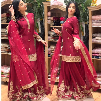 Premium Heavy Crepe Silk Top, Sarara Plazzo & Organza Dupatta Set