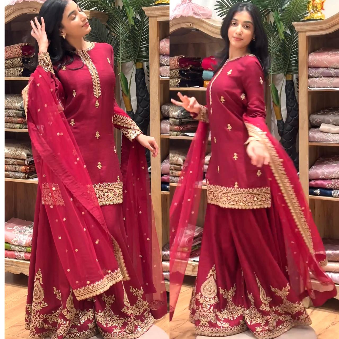 Premium Heavy Crepe Silk Top, Sarara Plazzo & Organza Dupatta Set