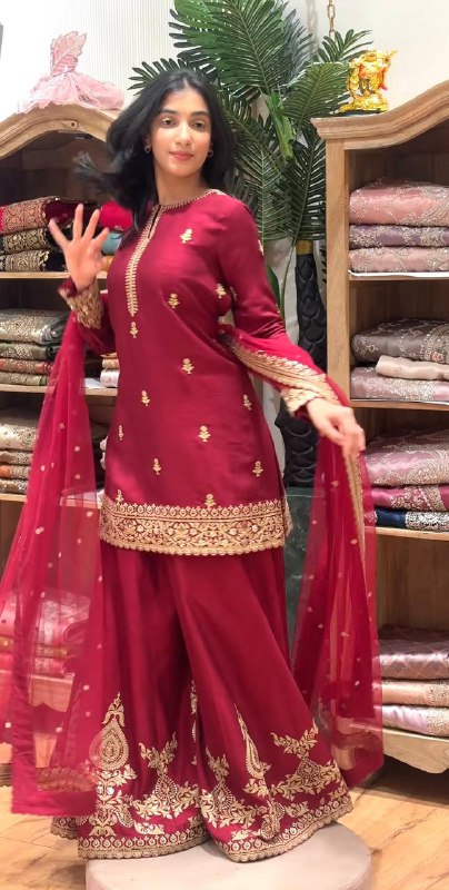 Premium Heavy Crepe Silk Top, Sarara Plazzo & Organza Dupatta Set