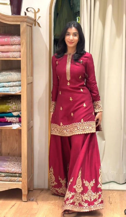 Premium Heavy Crepe Silk Top, Sarara Plazzo & Organza Dupatta Set