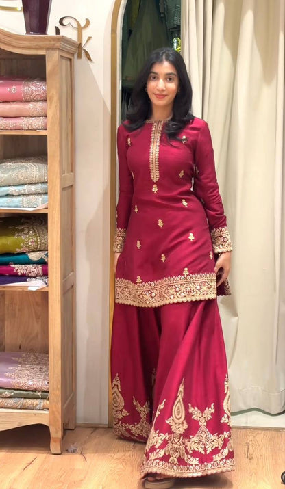 Premium Heavy Crepe Silk Top, Sarara Plazzo & Organza Dupatta Set