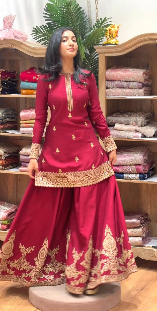 Premium Heavy Crepe Silk Top, Sarara Plazzo & Organza Dupatta Set