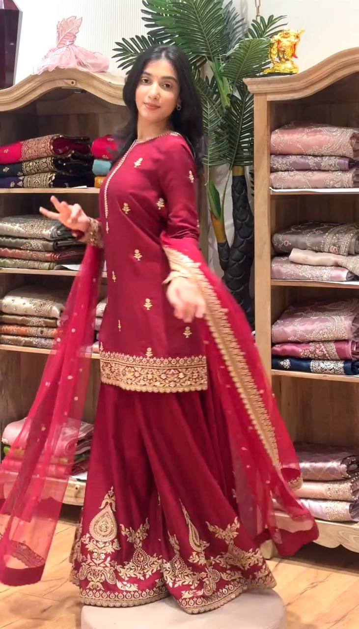 Premium Heavy Crepe Silk Top, Sarara Plazzo & Organza Dupatta Set