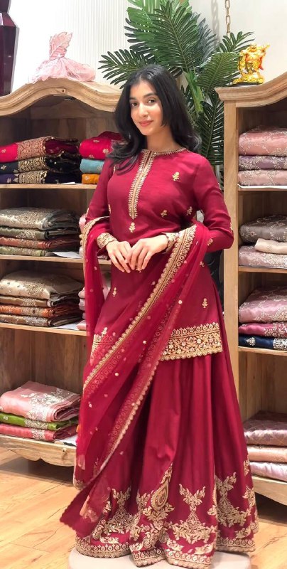 Premium Heavy Crepe Silk Top, Sarara Plazzo & Organza Dupatta Set