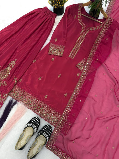 Premium Heavy Crepe Silk Top, Sarara Plazzo & Organza Dupatta Set