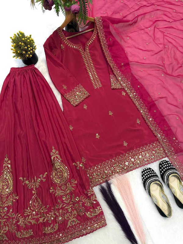 Premium Heavy Crepe Silk Top, Sarara Plazzo & Organza Dupatta Set