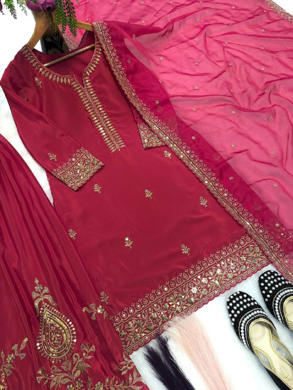 Premium Heavy Crepe Silk Top, Sarara Plazzo & Organza Dupatta Set