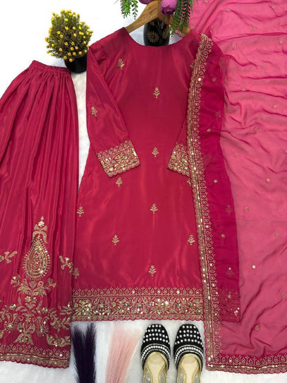 Premium Heavy Crepe Silk Top, Sarara Plazzo & Organza Dupatta Set