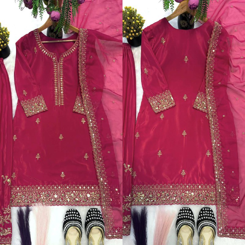 Premium Heavy Crepe Silk Top, Sarara Plazzo & Organza Dupatta Set