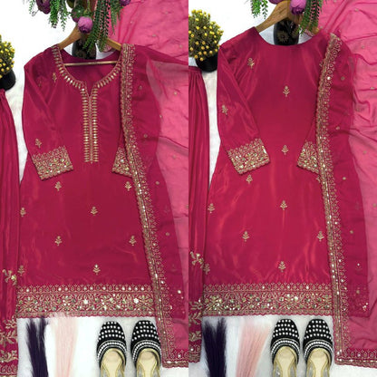 Premium Heavy Crepe Silk Top, Sarara Plazzo & Organza Dupatta Set