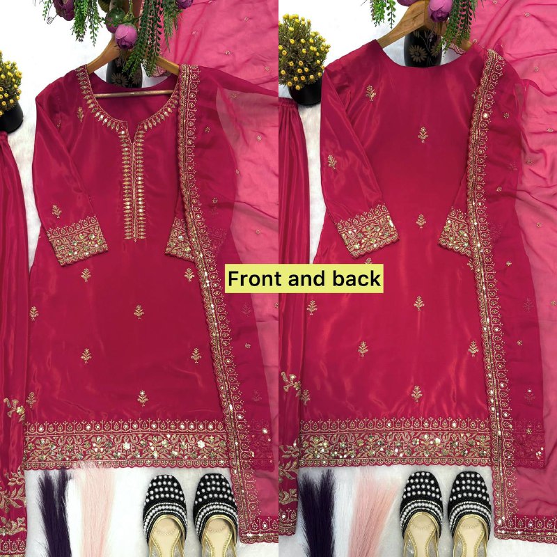 Premium Heavy Crepe Silk Top, Sarara Plazzo & Organza Dupatta Set