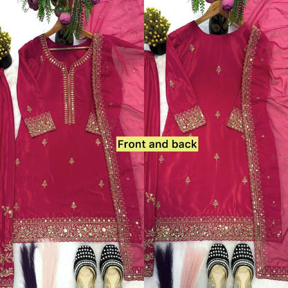 Premium Heavy Crepe Silk Top, Sarara Plazzo & Organza Dupatta Set