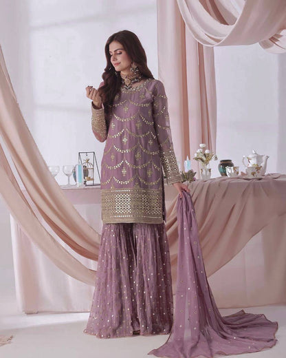 Premium Heavy Faux Georgette Kurti, Sharara & Dupatta Set – 5mm Sequins Embroidery