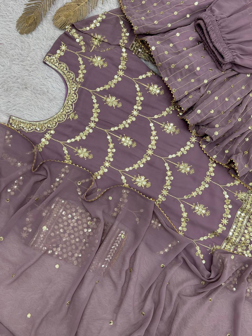 Premium Heavy Faux Georgette Kurti, Sharara & Dupatta Set – 5mm Sequins Embroidery