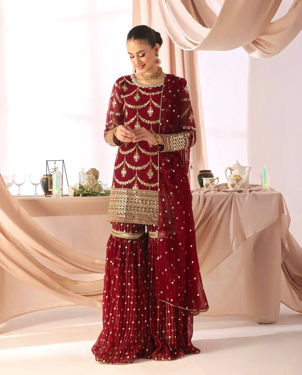 Premium Heavy Faux Georgette Kurti, Sharara & Dupatta Set – 5mm Sequins Embroidery