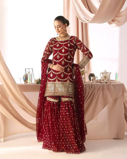 Premium Heavy Faux Georgette Kurti, Sharara & Dupatta Set – 5mm Sequins Embroidery
