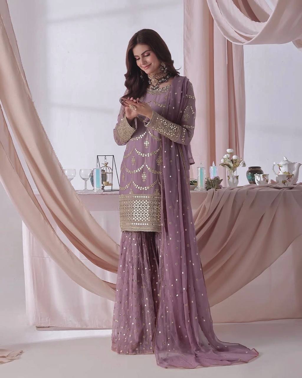 Premium Heavy Faux Georgette Kurti, Sharara & Dupatta Set – 5mm Sequins Embroidery