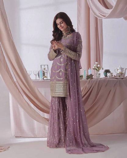 Premium Heavy Faux Georgette Kurti, Sharara & Dupatta Set – 5mm Sequins Embroidery