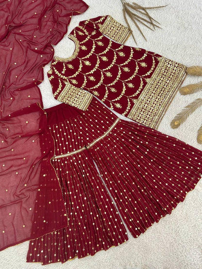 Premium Heavy Faux Georgette Kurti, Sharara & Dupatta Set – 5mm Sequins Embroidery