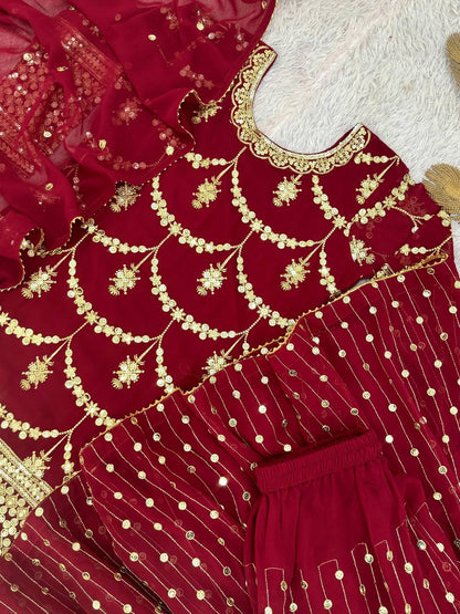 Premium Heavy Faux Georgette Kurti, Sharara & Dupatta Set – 5mm Sequins Embroidery