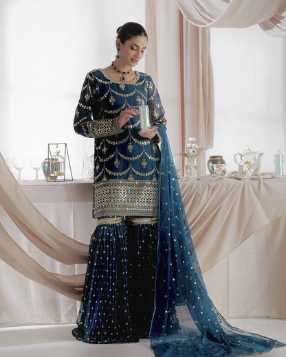 Premium Heavy Faux Georgette Kurti, Sharara & Dupatta Set – 5mm Sequins Embroidery