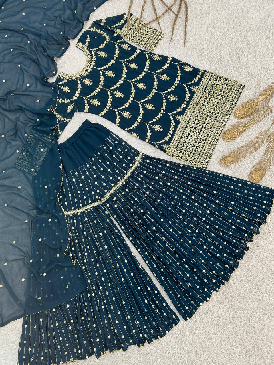 Premium Heavy Faux Georgette Kurti, Sharara & Dupatta Set – 5mm Sequins Embroidery
