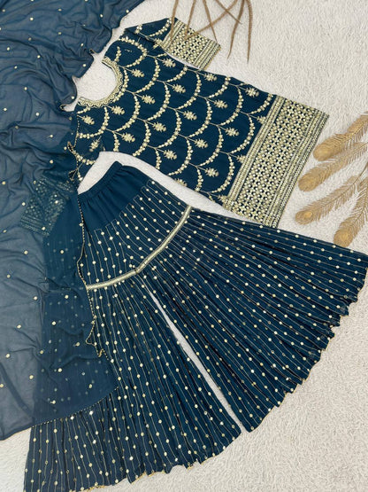 Premium Heavy Faux Georgette Kurti, Sharara & Dupatta Set – 5mm Sequins Embroidery