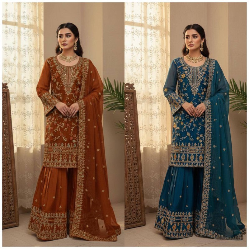 Premium Jimmy Choo Silk Top, Sarara & Dupatta Set – Sequins Embroidery Work
